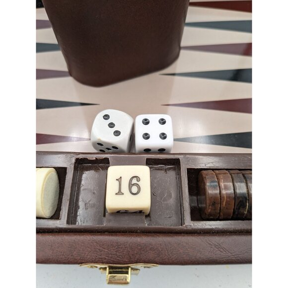 Vintage Backgammon Complete Small Travel Faux Leather Board Game - Picture 6 of 10
